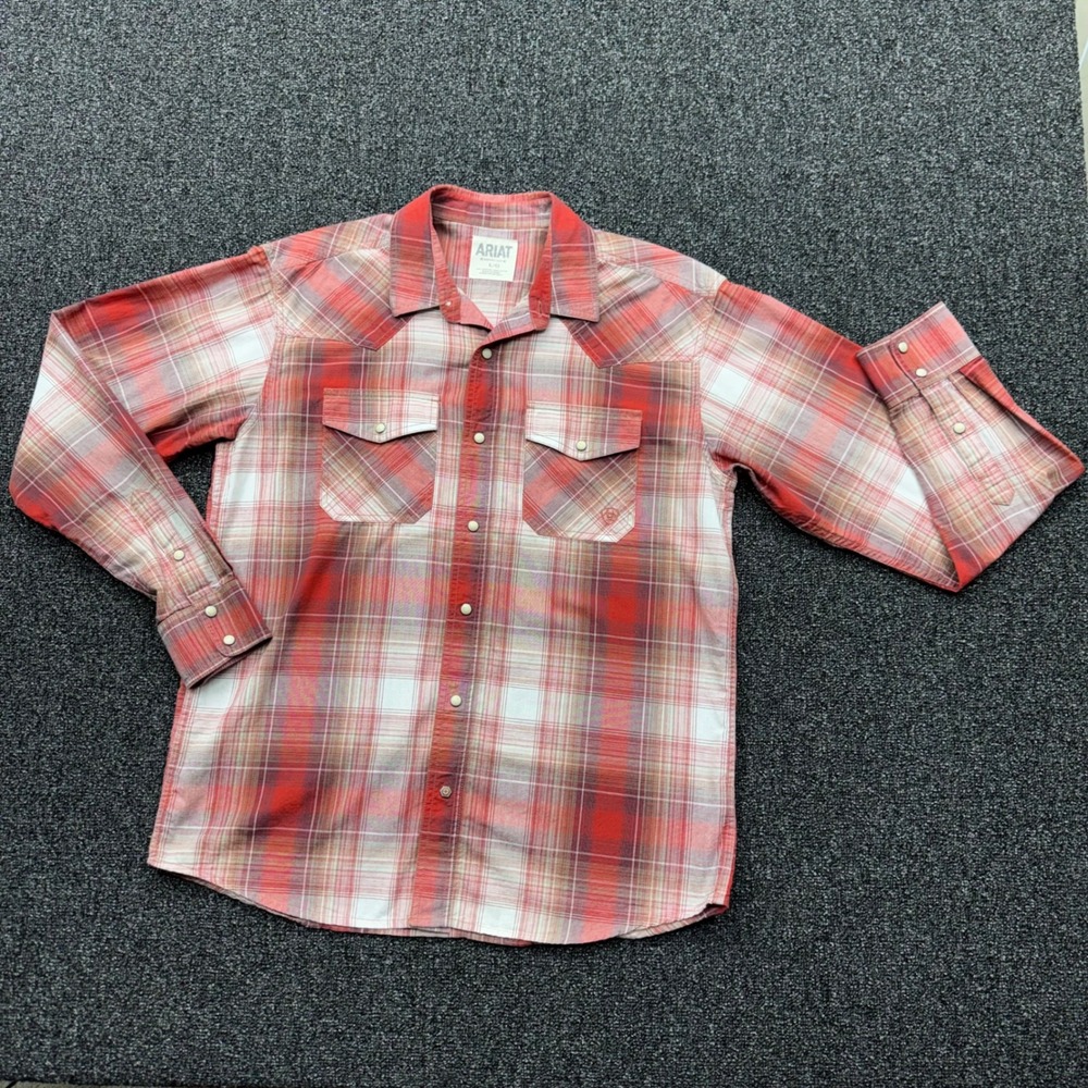 Ariat Alvaro Retro Western Pearl Snap Plaid Shirt Mens Large Red cowboy rodeo